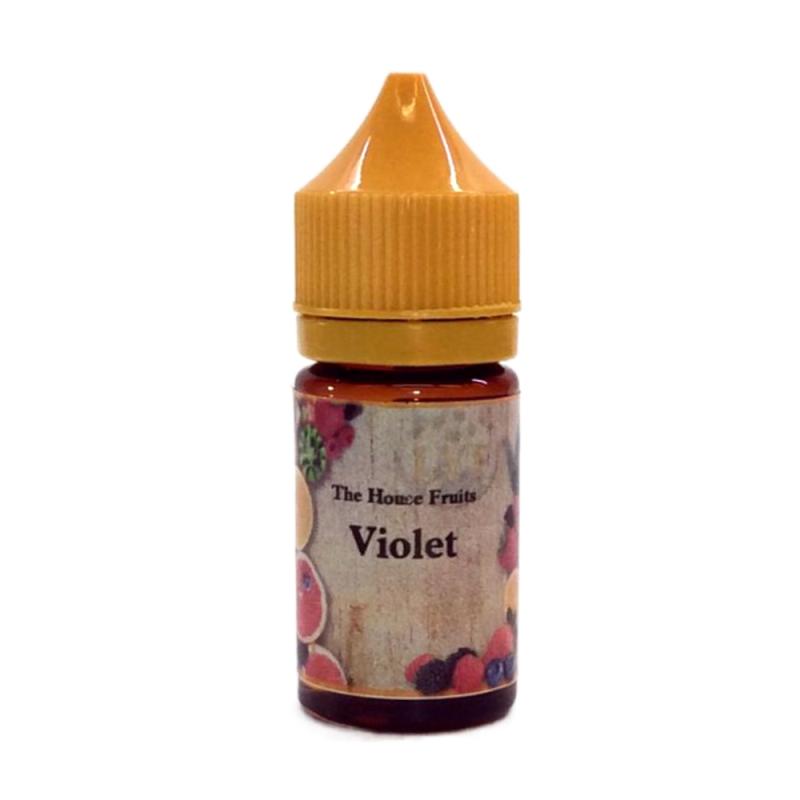 30ml brun flaska med orangegul kork, etiketterad with bilder på frukter och bär och text The House Fruits, flavour Violet
