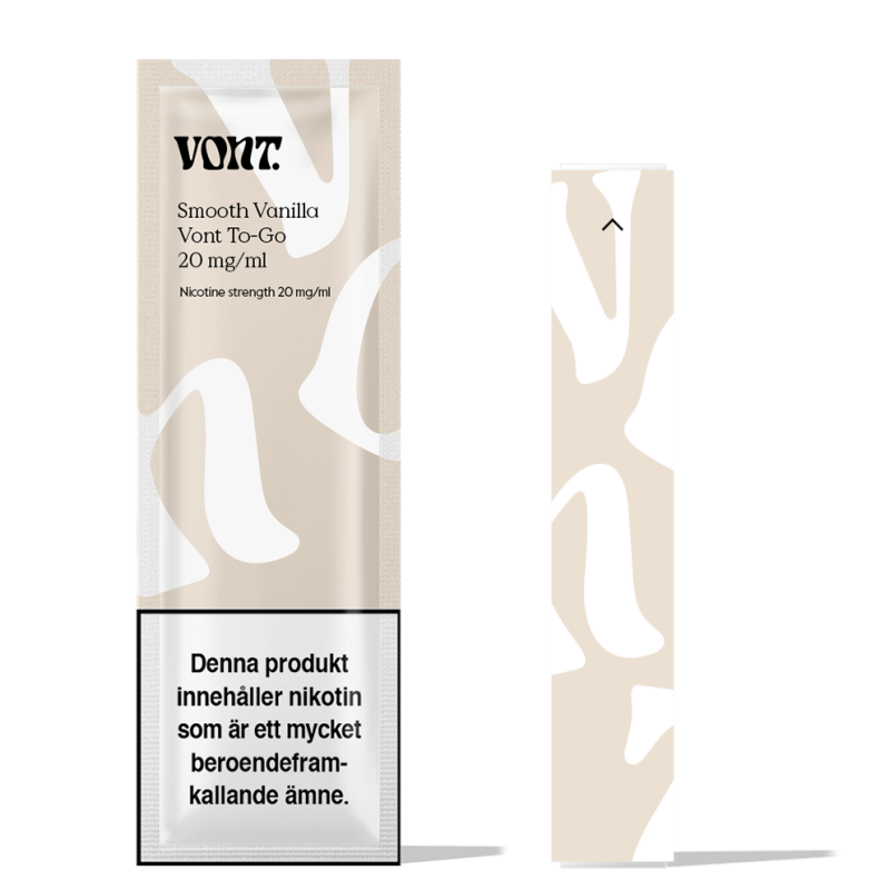 En vit och grå avlång rektangulär engångsvape med likadan förpackning med svart text där det står Vont to go smooth vanilla 20mg