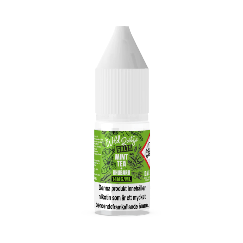 10ml flaska med vit kork. Grön etikett med vit och svart text - Wild Roots Mint Tea Rhubarb med varningstext i botten.