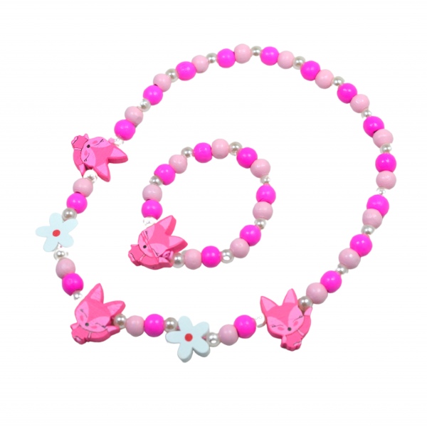 Busy Lizzie Necklace & Bracelet Wooden Pearls Pink Squirrel