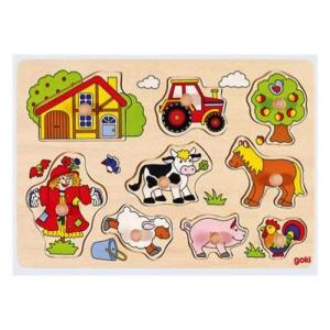 Goki Knob Puzzle In Wood 9 Pieces With Background Of The Farm