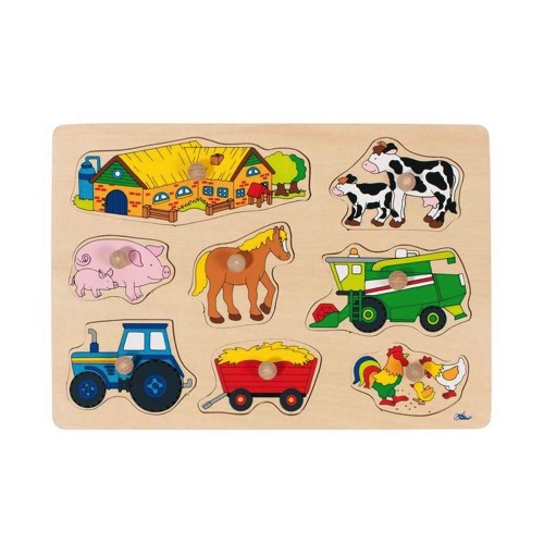 Goki Knob Puzzle In Wood 8 Pieces with Farm Animals and Machines