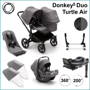 Komplett Barnvagnspaket - Bugaboo Donkey5 Duo inkl. Turtle Air BLACK / GREY MELANGE