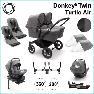 Komplett Barnvagnspaket - Bugaboo Donkey5 Twin inkl. Turtle Air BLACK / GREY MELANGE