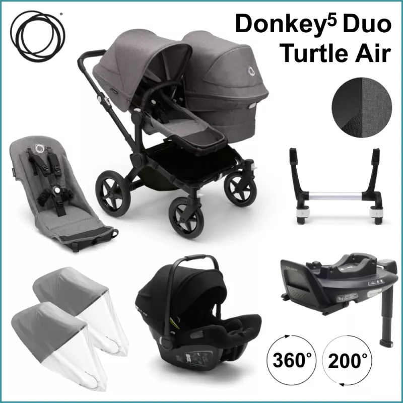 Komplett Startpaket - Bugaboo Donkey5 Duo inkl. Turtle Air BLACK / GREY MELANGE