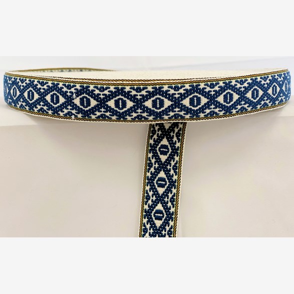 Blåvitgul allmogemönster band 25mm