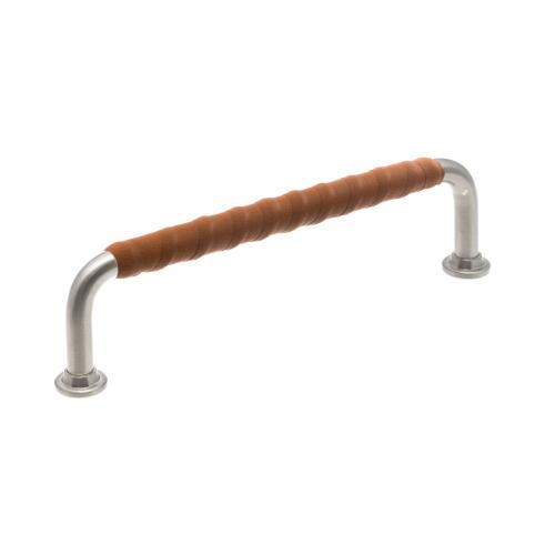 Leather-wrapped kitchen handle 1353 Stainless steel look & Cognac