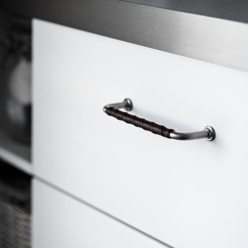 Leather-wrapped kitchen handle 1353 Stainless steel look & Brown