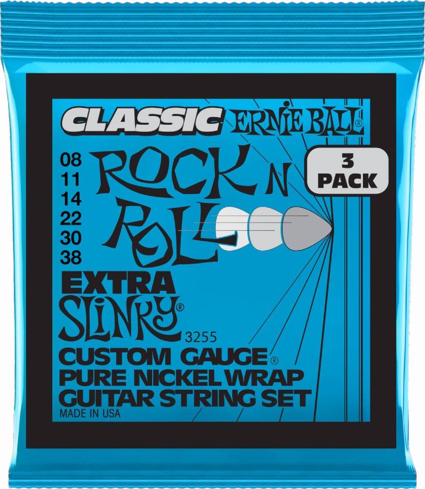 Ernie Ball 3255 Rock n Roll Pure Nickel Wrap Extra Slinky 008-038 3-pack