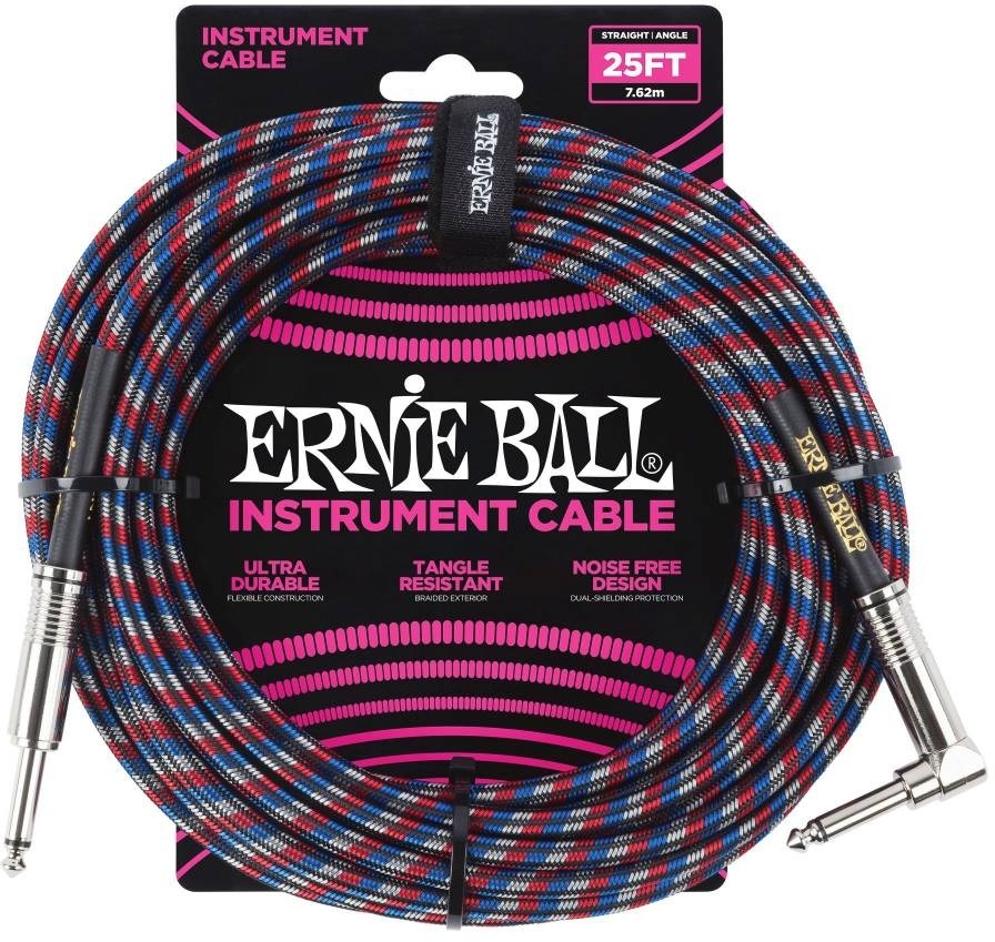 Ernie Ball 6063 Instrument Cable Flätad Rak-Vinklad 7,6m - Blå/Röd/Vit