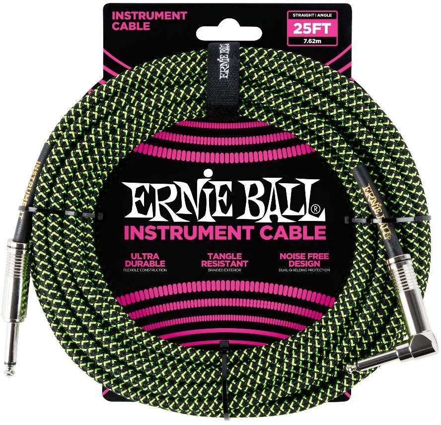 Ernie Ball 6066 Instrument Cable Flätad Rak-Vinklad 7,6m - Grön/Svart
