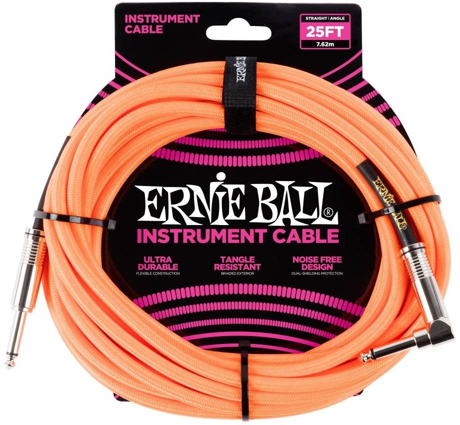 Ernie Ball 6067 Instrument Cable Flätad Rak-Vinklad 7,6m - Neonorange