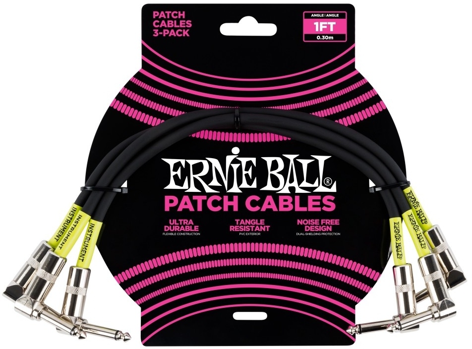 Ernie Ball 6075 Patch Cable Vinklad-Vinklad 30cm - Svart 3-pack