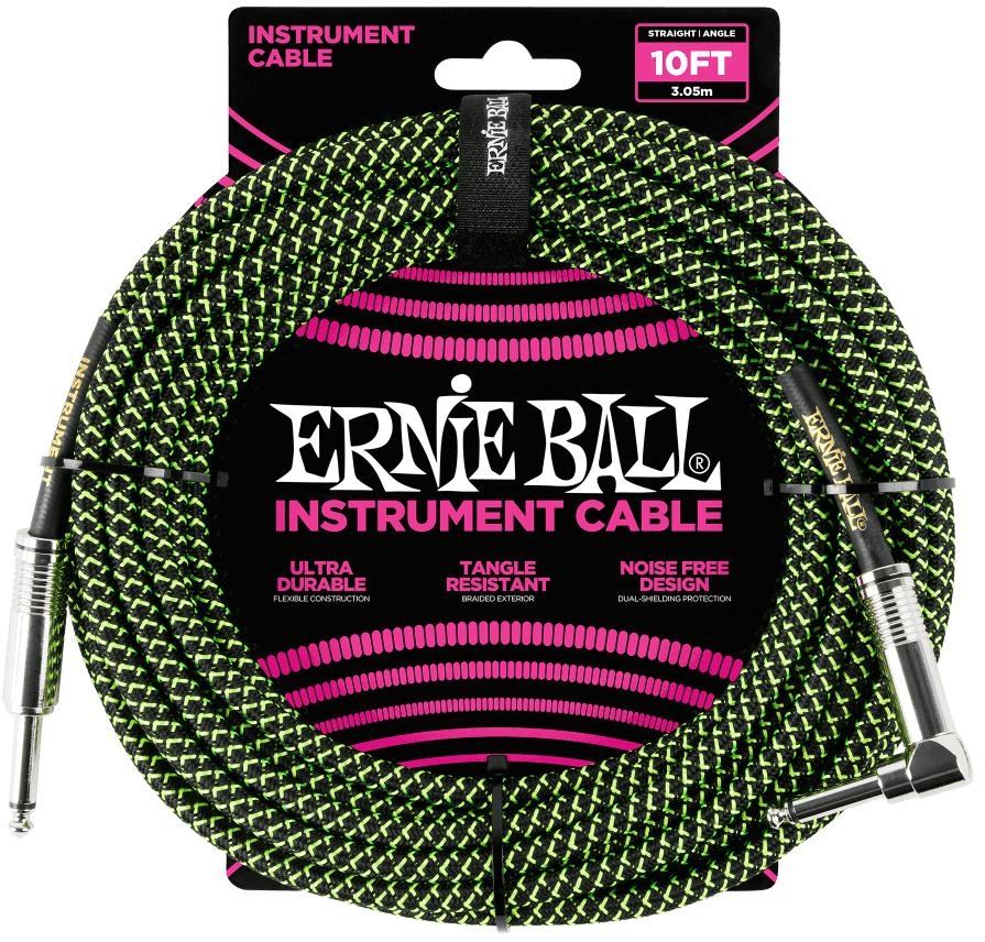 Ernie Ball 6077 Instrument Cable Flätad Rak-Vinklad 3m - Grön/Svart