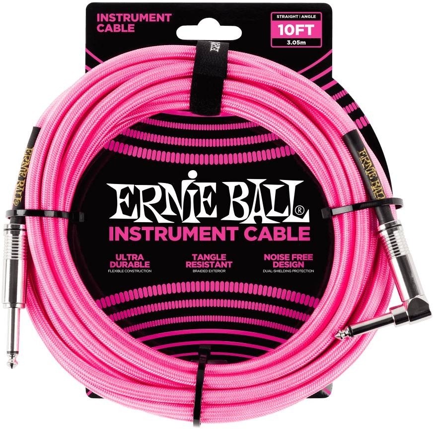 Ernie Ball 6078 Instrument Cable Flätad Rak-Vinklad 3m - Neonrosa
