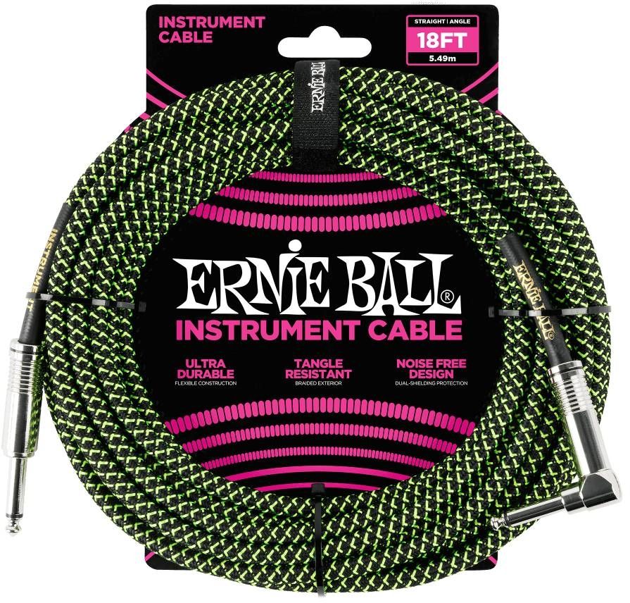 Ernie Ball 6082 Instrument Cable Flätad Rak-Vinklad 5,5m - Grön/Svart