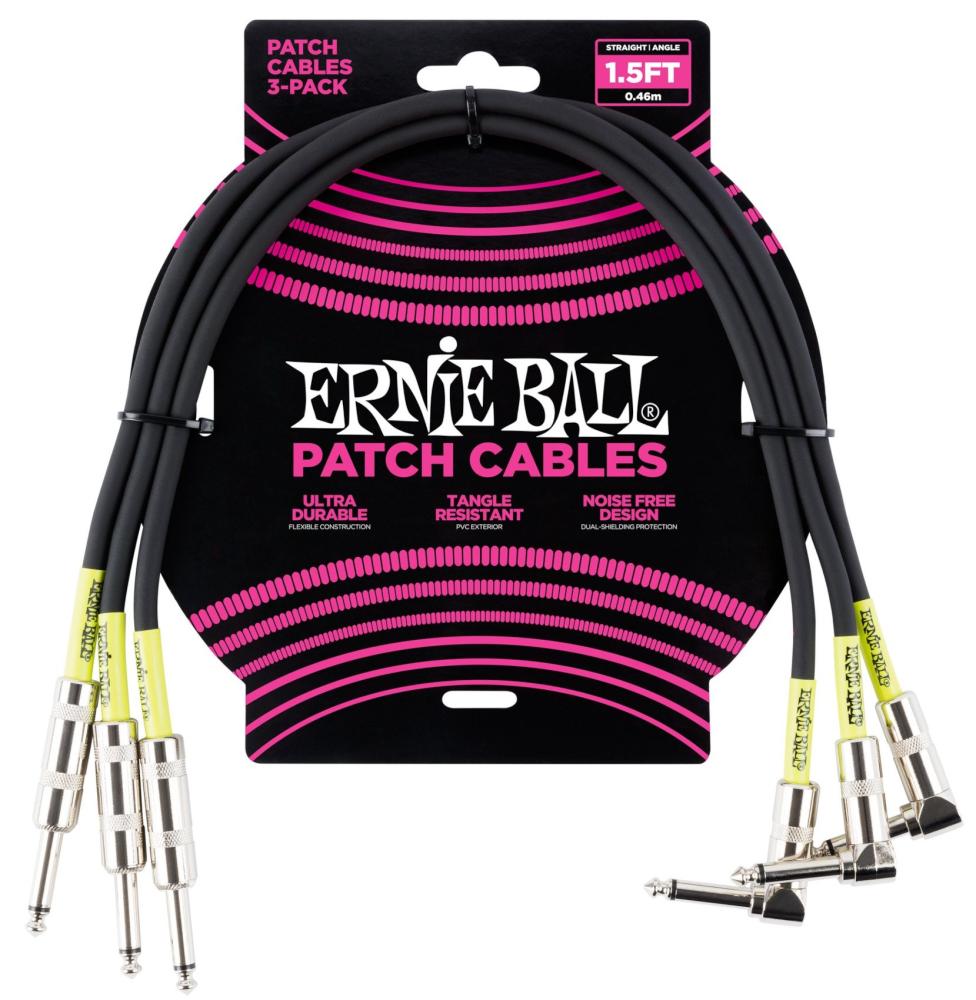 Ernie Ball 6076 Patch Cable Rak-Vinklad 46cm - Svart 3-pack
