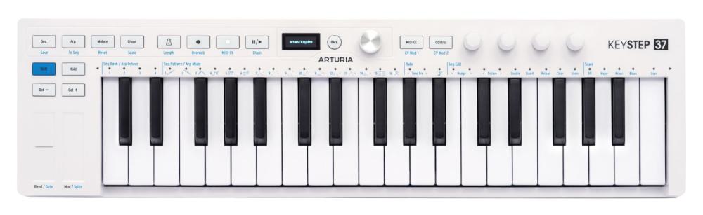 Arturia KeyStep 37 mk2 MIDI-keyboard i vitt, sett ovanifrån