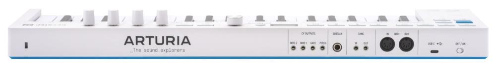 Arturia KeyStep 37 mk2 MIDI-keyboard i vitt, sett bakifrån