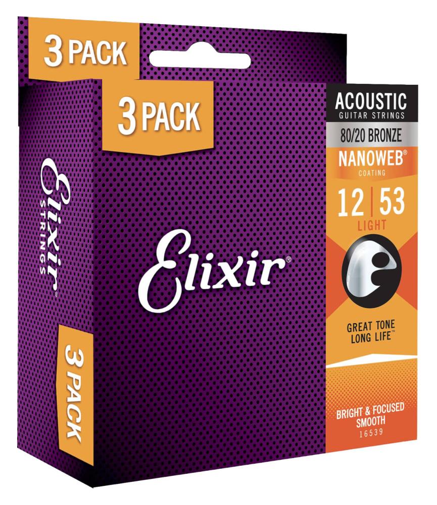 Elixir 16539 Acoustic 80/20 Bronze Nanoweb 012-053 3-pack
