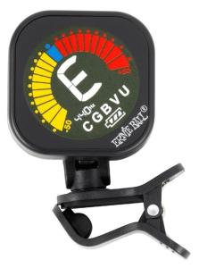 Ernie Ball ProTune USB-C Clip-On Tuner sedd framifrån, med färgdisplay och klämfäste.