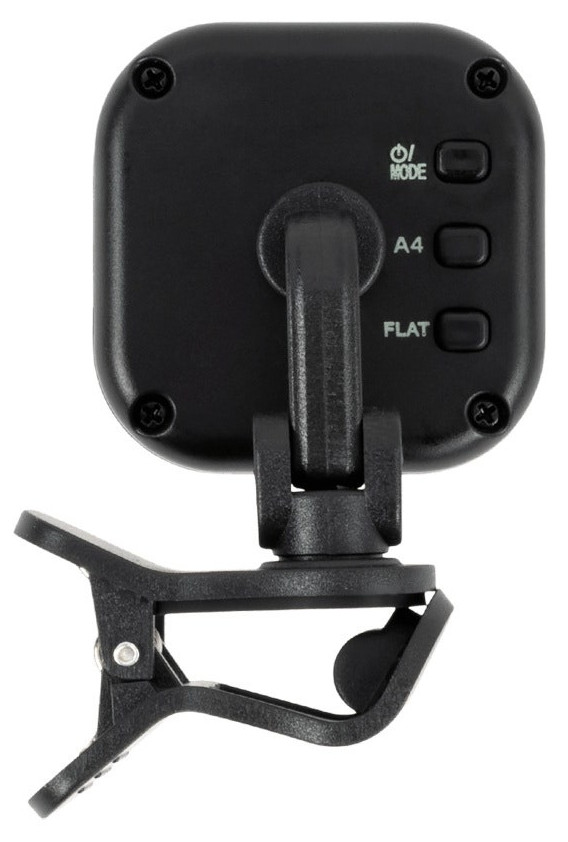 Ernie Ball ProTune USB-C Clip-On Tuner sedd bakifrån, med färgdisplay och klämfäste.