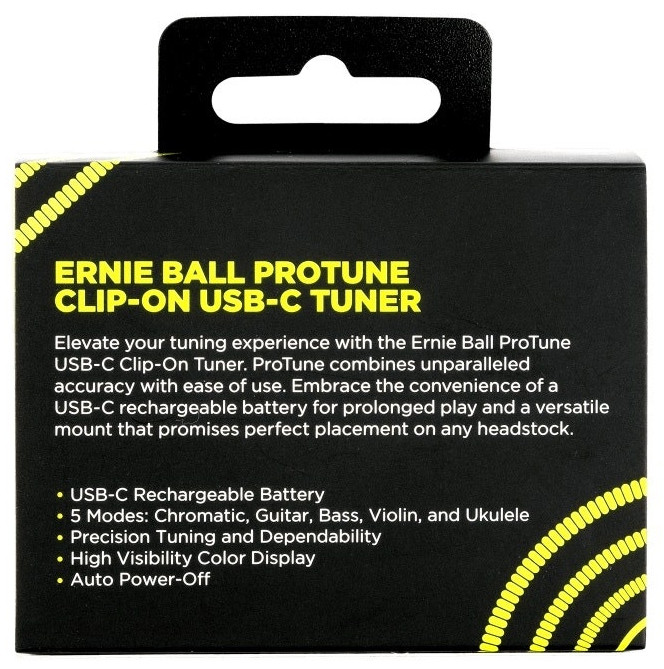 Ernie Ball ProTune USB-C Clip-On Tuner paketering, sedd bakifrån
