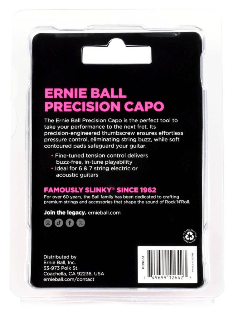 Ernie Ball 9631 Precision Capo svart, paketering, baksida