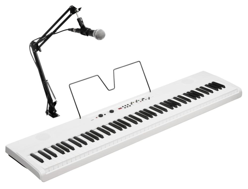 Korg L1 Live digitalpiano med 88 tangenter, mic och notställ, snett framifrån