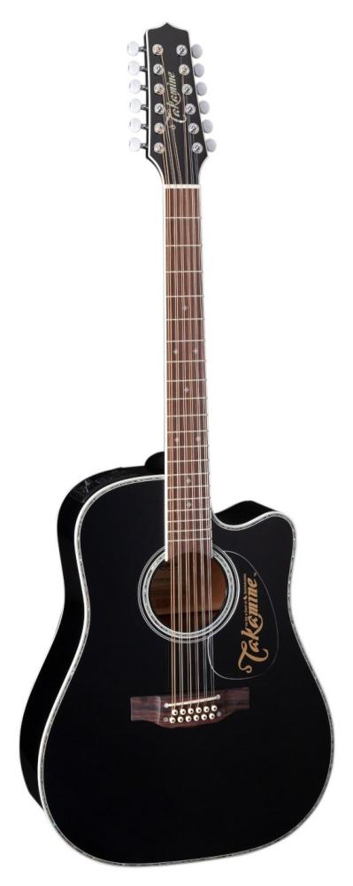 Takamine EF381DX tolvsträngad akustisk gitarr i svart, framsida