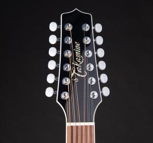 Takamine EF381DX tolvsträngad akustisk gitarr i svart, close up på huvud