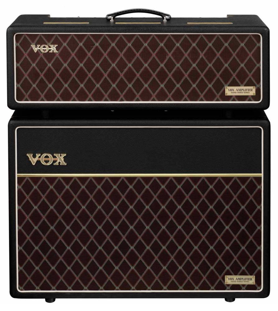 Vox V212HWRX Speaker Cabinet, högtalarkabinett, sedd framifrån tillsammans med en AC30HWRH
