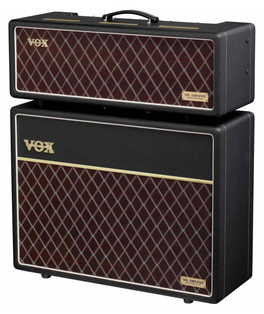 Vox V212HWRX Speaker Cabinet, högtalarkabinett, snett framifrån tillsammans med en AC30HWRH