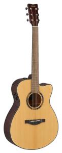 Yamaha TAS1 C Natural stålsträngad akustisk gitarr, sedd snett framifrån.