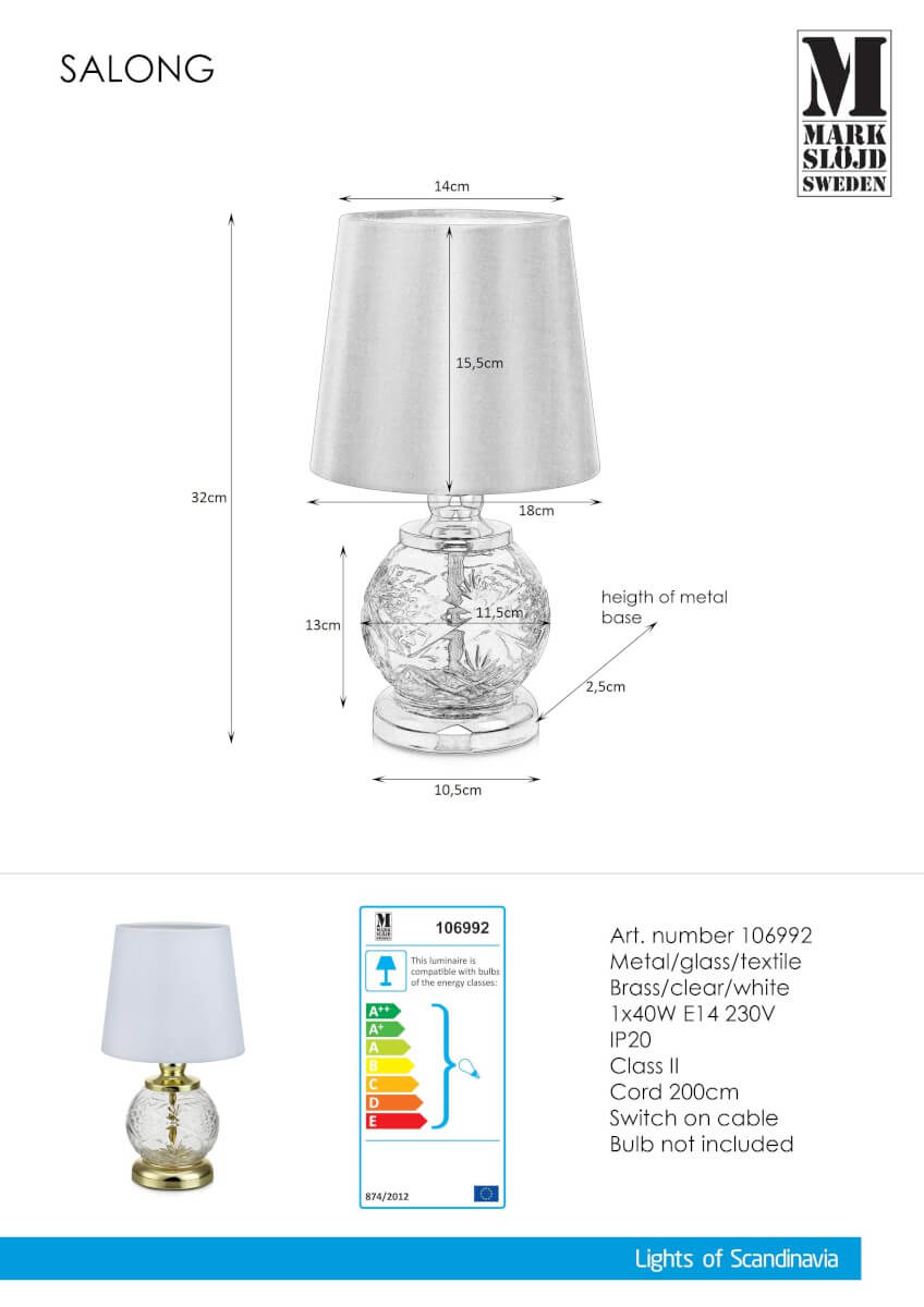 SALONG Bordslampa 1L 32cm MässingVitKlar SALONG Bordslampa 1L 32cm MässingVitKlar