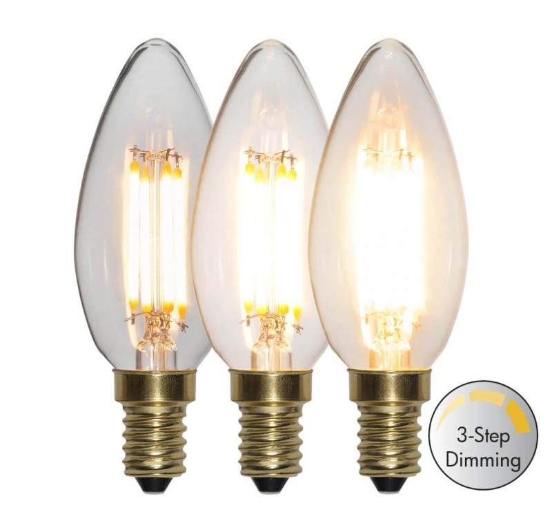 E14 Kronljus 3-Steg Dimbar Minne SoftGlow 4W 2100K 400lm LED-Lampa