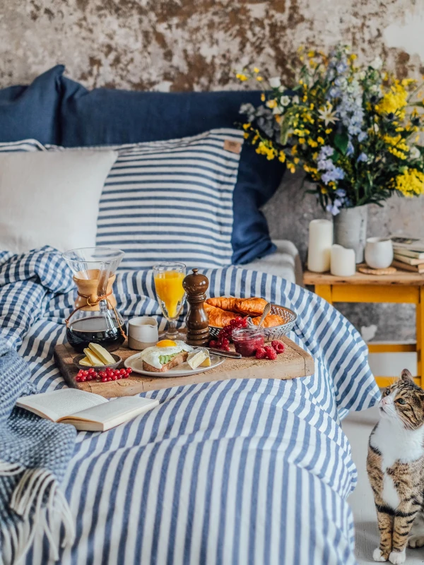 Blue and white bed with stripes, checks and a wool blanket