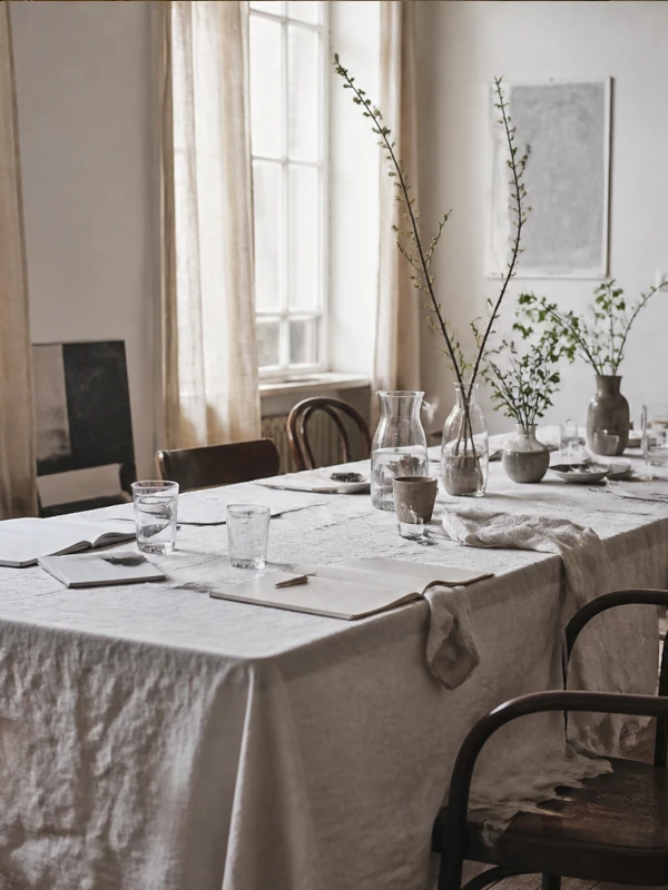 Conference setting with a long table and linen textiles