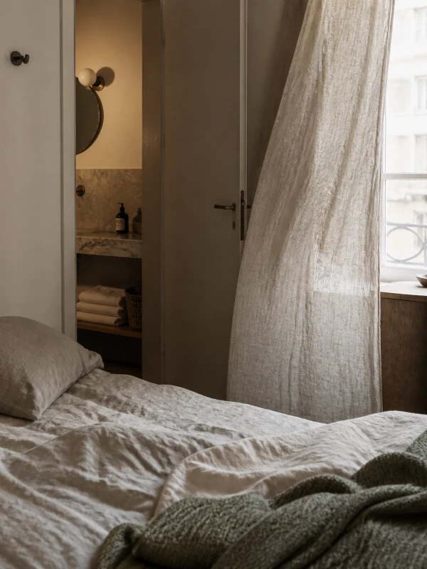 Hotel room with linen bedding and curtains