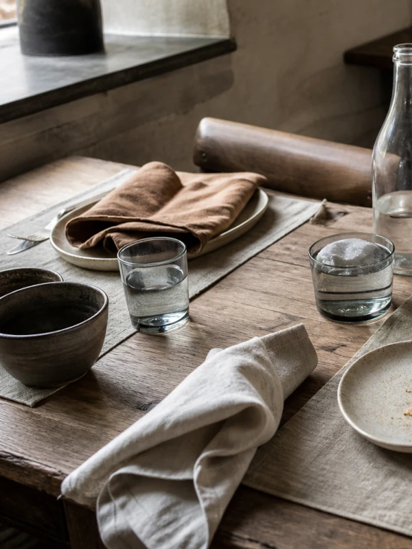 Restaurant table with linen napkins and placemats