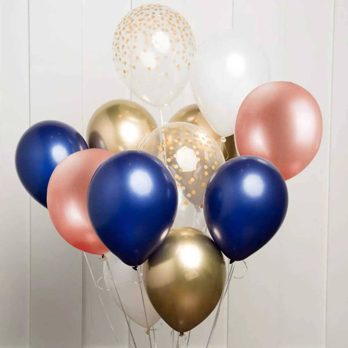 ballongbukett i rosagold metalliska i marinblå ballonger