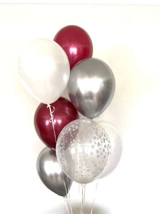 Ballong Bukett i Vinröd/Silver Chrome. 10 Pack