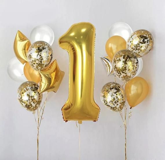 1års kalas ballongbukett i guld med en siffer folieballong 1 i guld