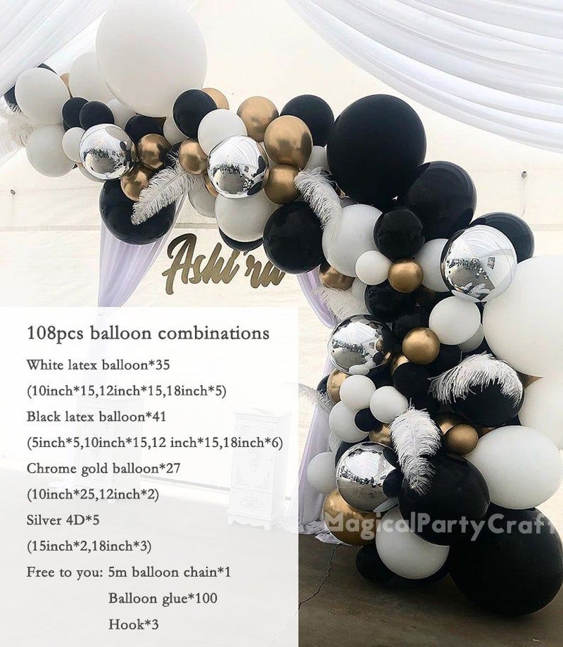 ballongbåge i svart, guld, silver och vita ballonger