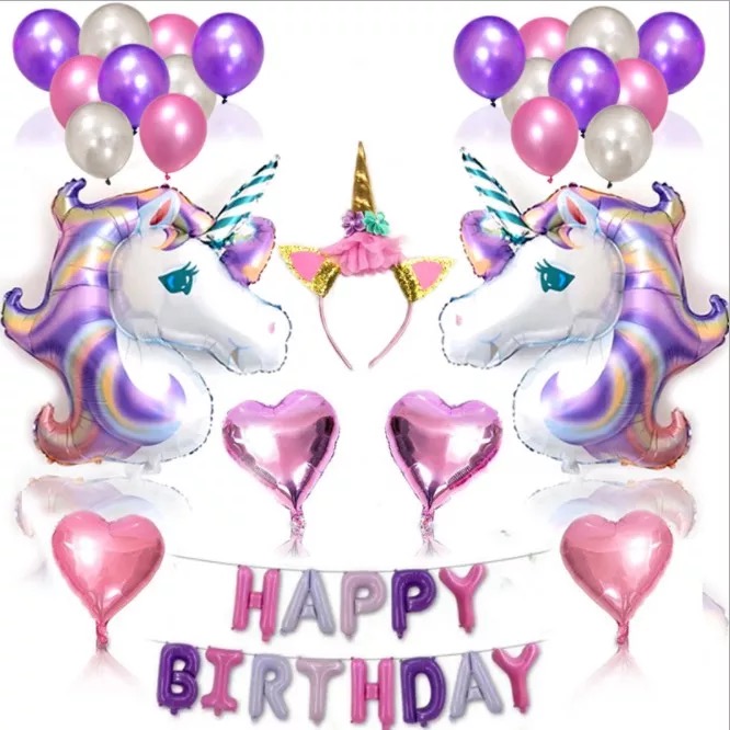 Unicorn Happy Birthday Ballong Set Färgrik.