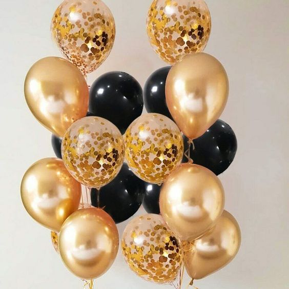 ballongbukett i guld chrome och svarta ballonger