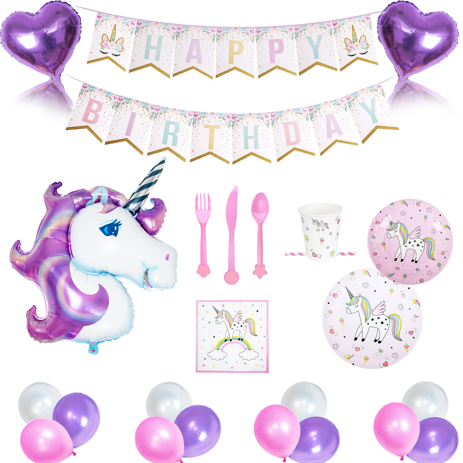 Unicorn Happy Birthday dekoration set med inklusive dukning set. För 12 person. StorPack.