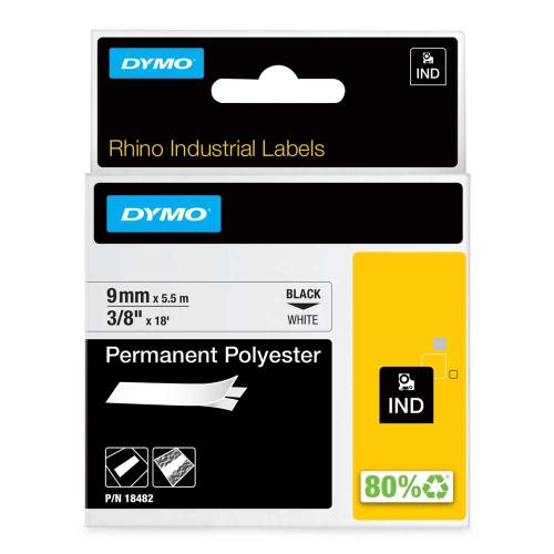 Dymo Rhino 9 mm svart på vit polyester