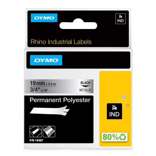 Dymo Rhino 19 mm svart på metallic polyester