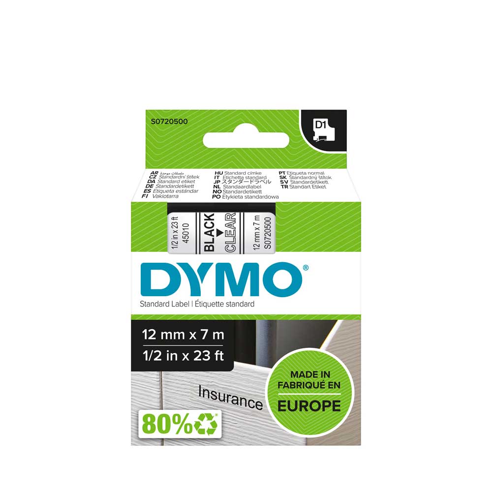Dymo D1, 12 mm svart på transparent